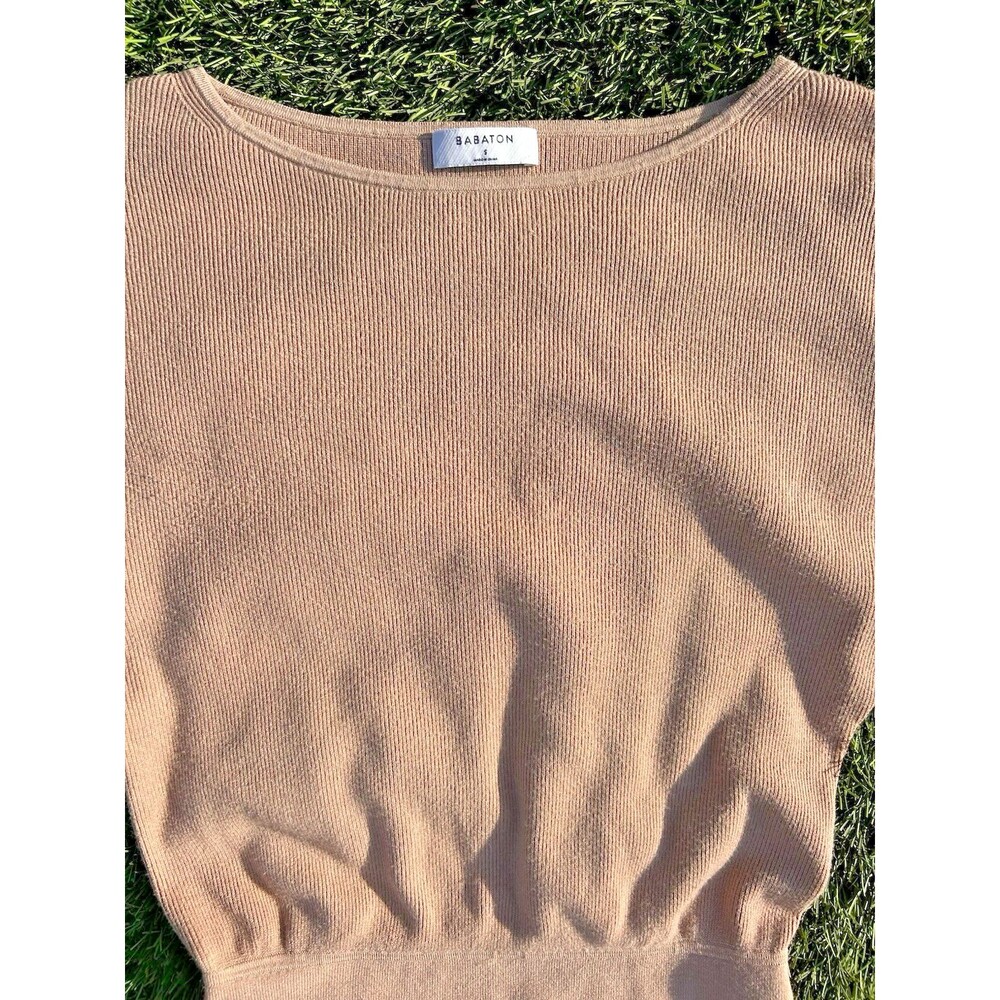 Aritzia Babaton Continent Dress S Gold Camel Boat Neck Dolman Knit Sweater Mini - Picture 6 of 16